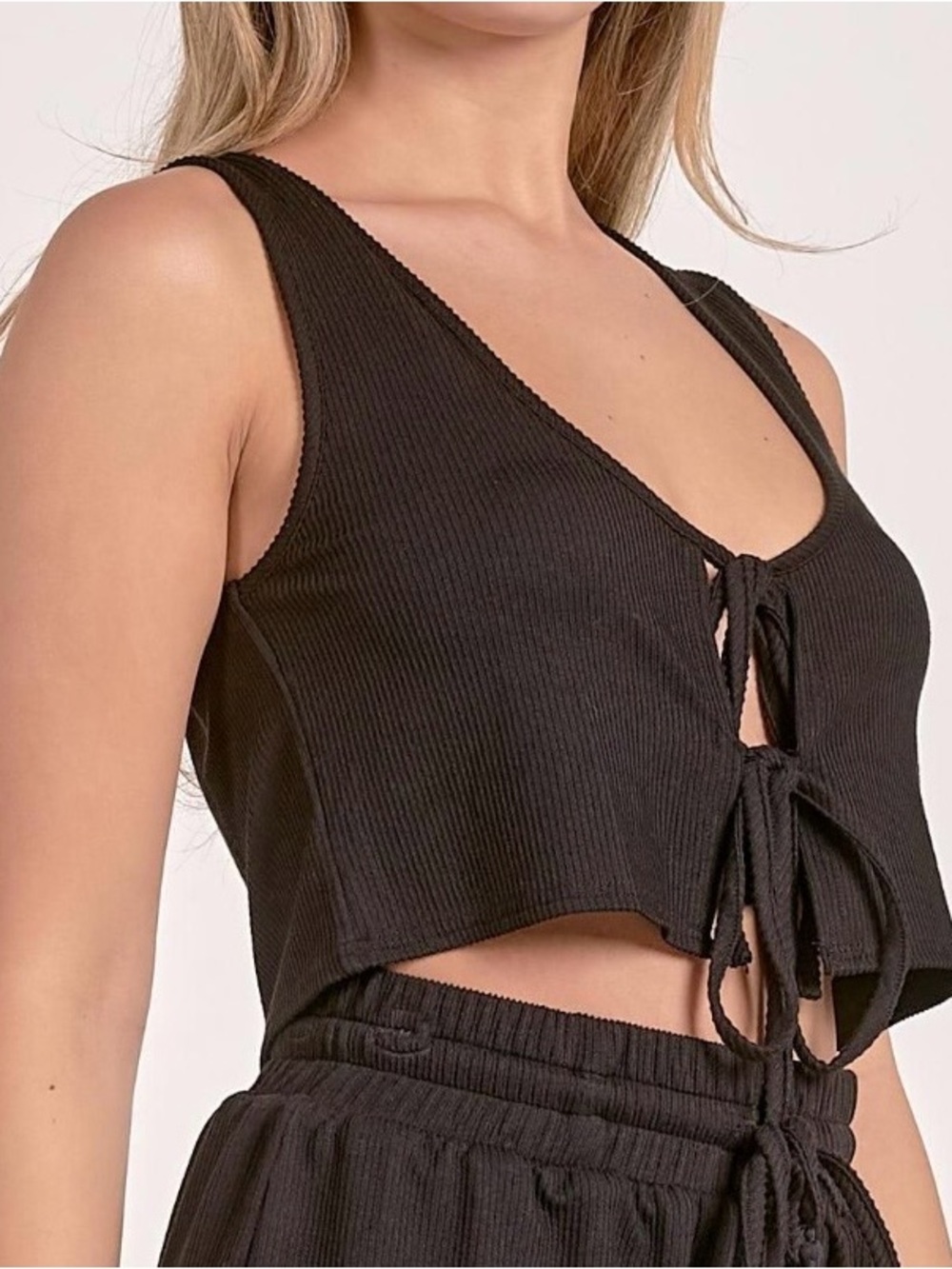 Black Ribbed Tie-Front Crop Top
